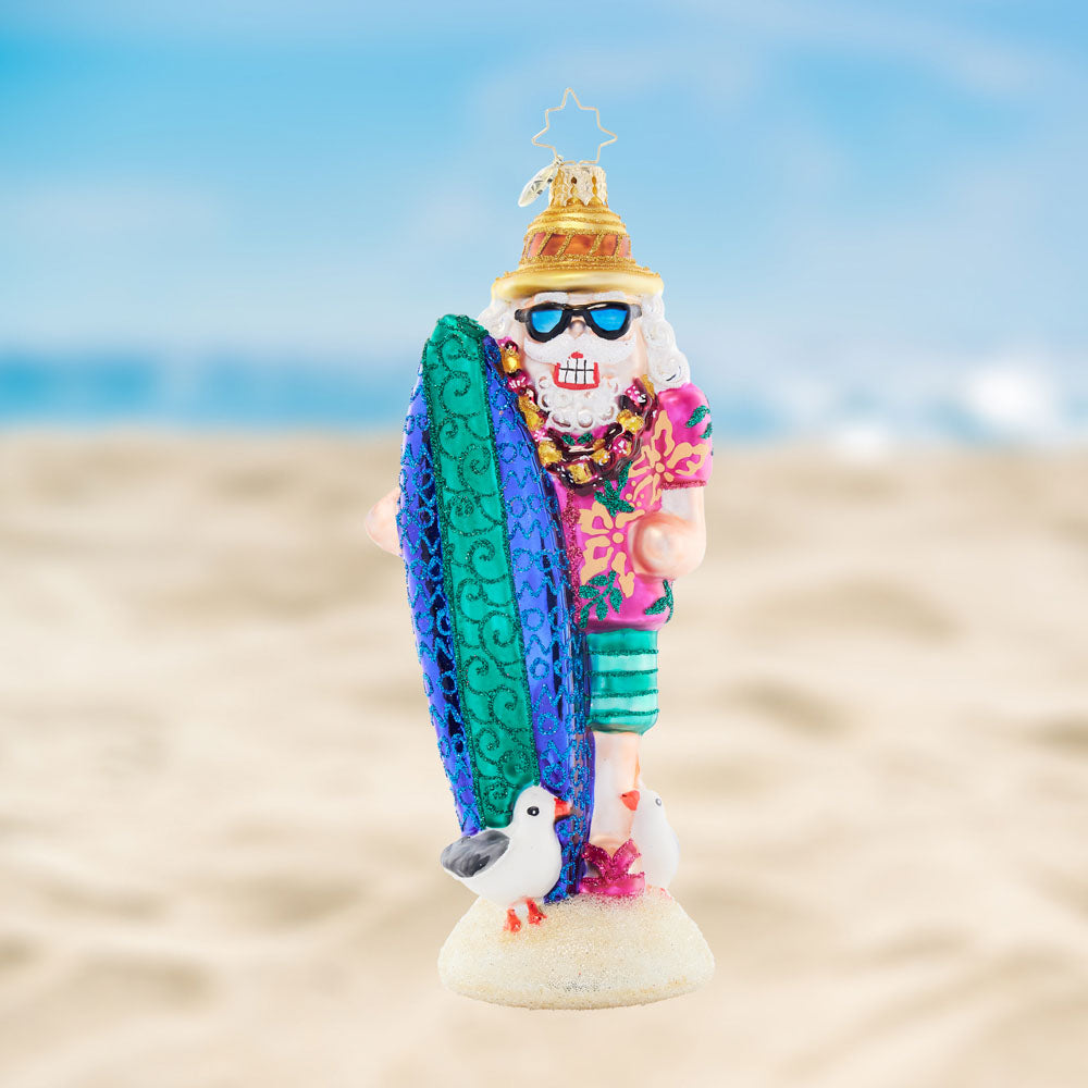 Front image - Hang Ten Woody - (Beach themed nutcracker ornament)