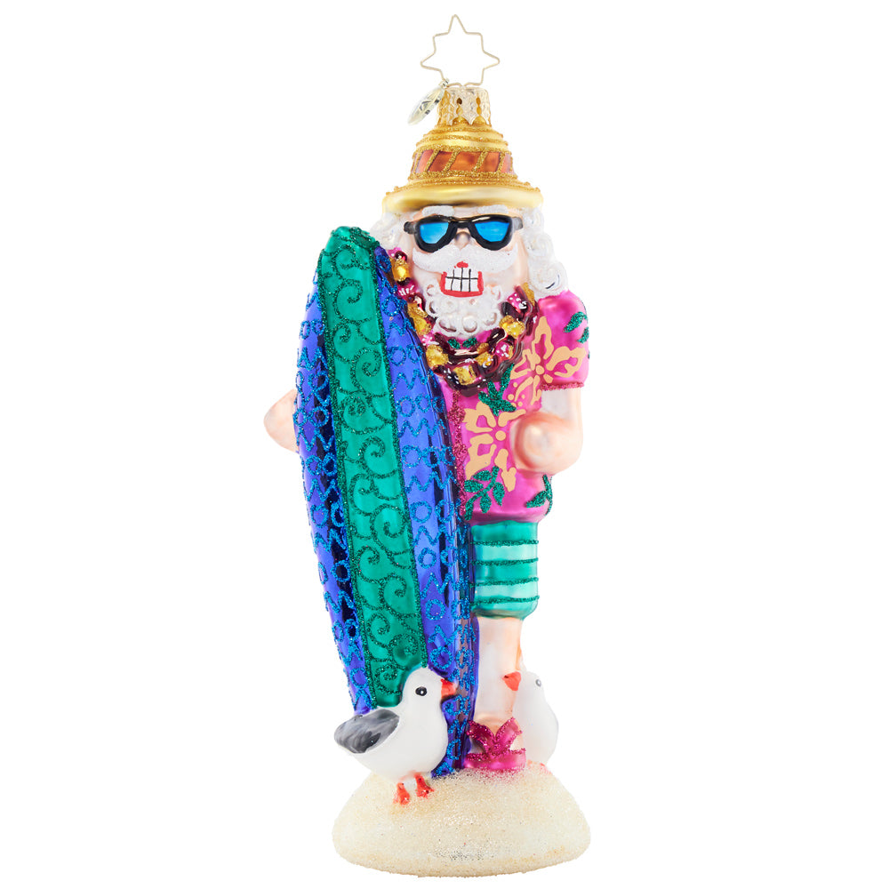 Front image - Hang Ten Woody - (Beach themed nutcracker ornament)
