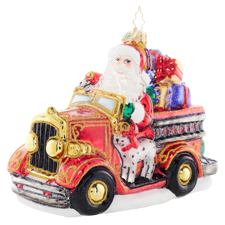 Front image - Santa's Jingle Bell Engine - (Santa Fire Truck ornament)