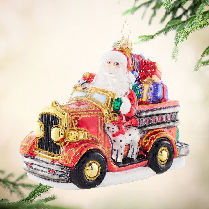 Front image - Santa's Jingle Bell Engine - (Santa Fire Truck ornament)