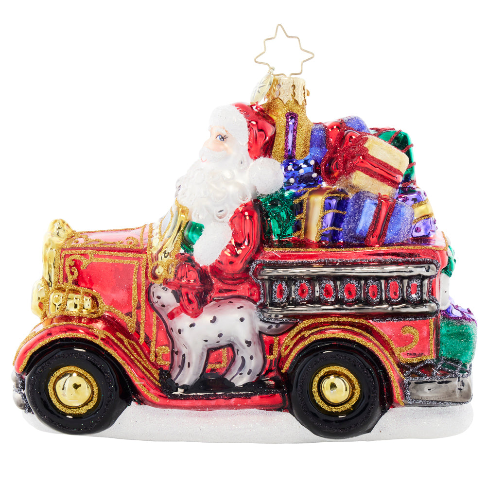 Side image - Santa's Jingle Bell Engine - (Santa Fire Truck ornament)