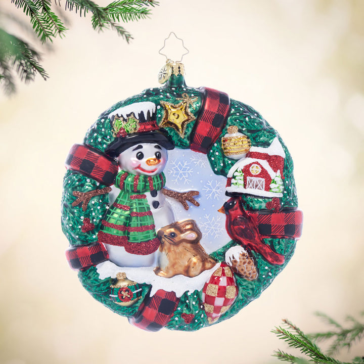 Front image - Rustic Wreath Friends - (Snowman and Christmas wreath ornament)