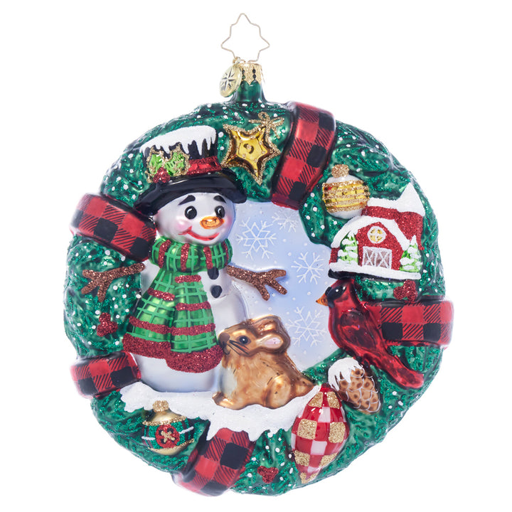Front image - Rustic Wreath Friends - (Snowman and Christmas wreath ornament)