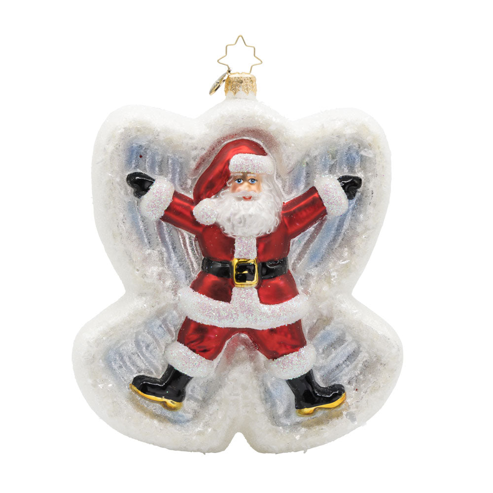 Snow Angel Duo ornament. Santa and Mrs. Claus are joyfully making snow angels in a blanket of sparkling snow. Santa is seen on front. View of front. 