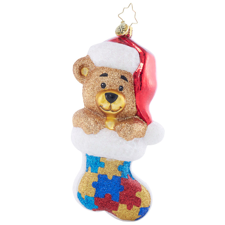 Front image - Piece by Piece Teddy - (Teddy bear stocking ornament)