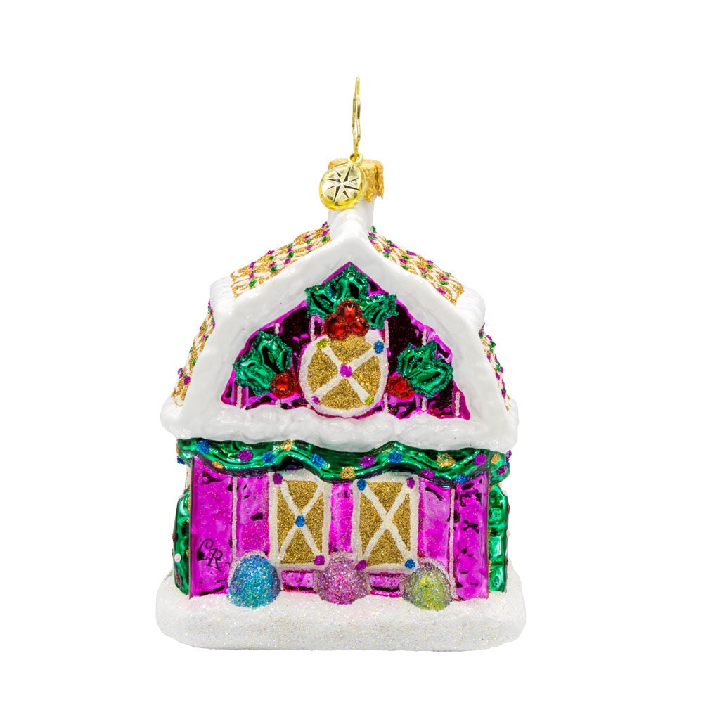 Sweet Barn Delight ornament. Featuring a candy-coated roof, shiny shutters, and adorable animal friends. View of back.