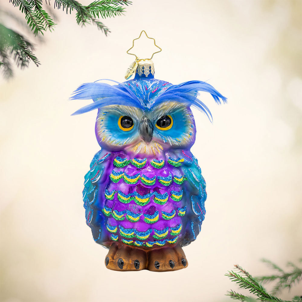 Regal Feathered Friend ornament. This owl features stunning peacock feathers and a wise expression. View of front. 