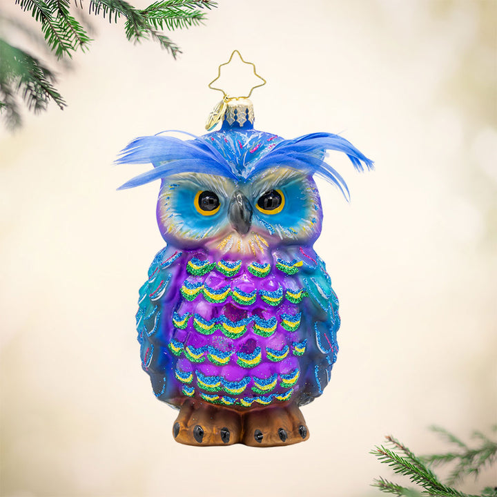Regal Feathered Friend ornament. This owl features stunning peacock feathers and a wise expression. View of front. 