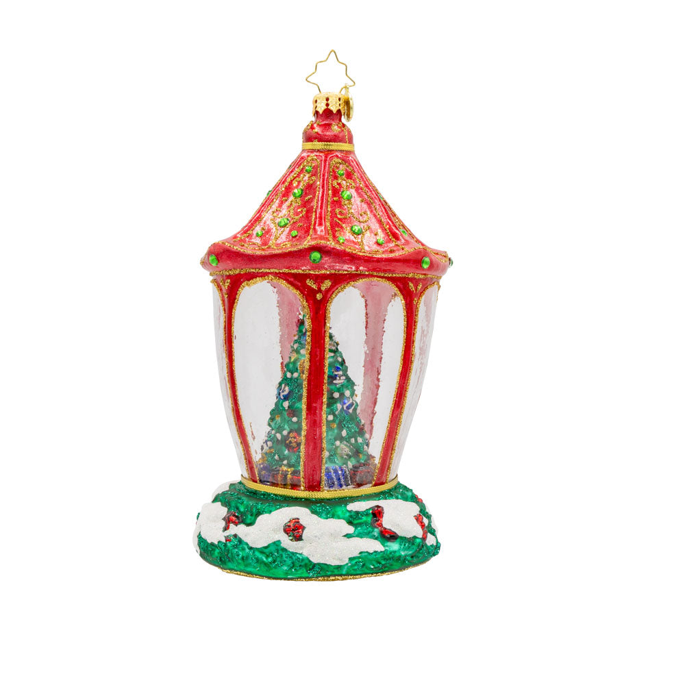 Sparkle 'n Spruce Lantern ornament. A magical winter wonderland awaits inside this charming Christmas lantern accompanied by a twinkling tree and cozy bear. View of back.