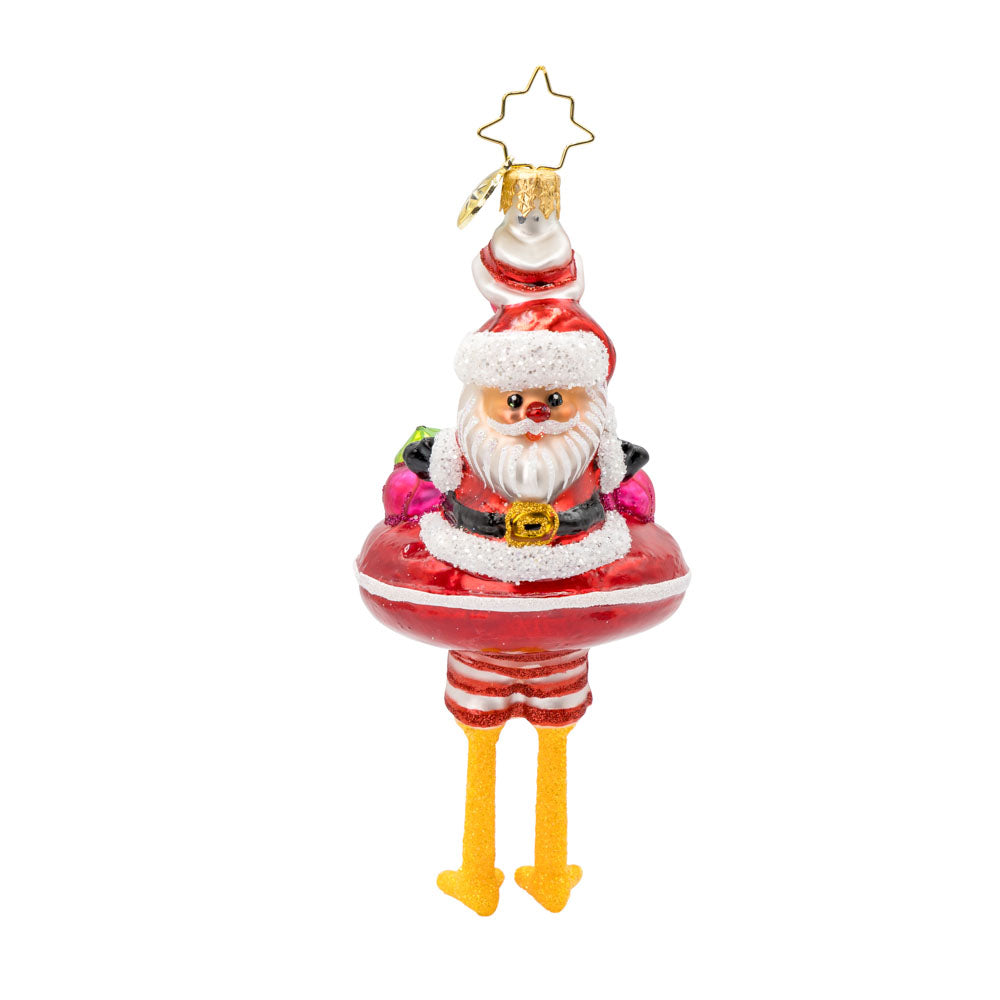 Floatin' Flamingo Fun ornament. Features a flamingo relaxing on a Santa tube, sipping from a coconut. View of back.