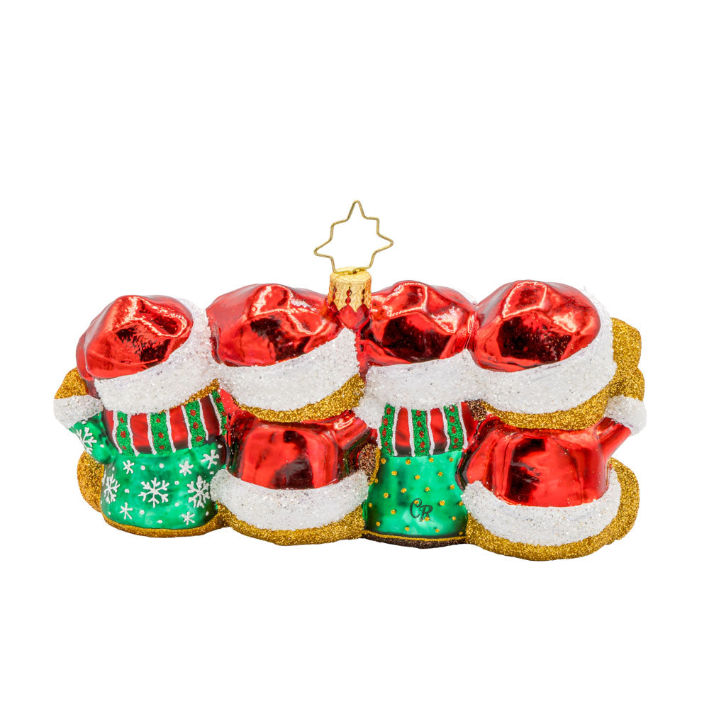 Teddy Train Treasures ornament. A charming lineup of teddy bears, each dressed in a Santa hat with their rosy cheeks, and tiny paws. View of back.