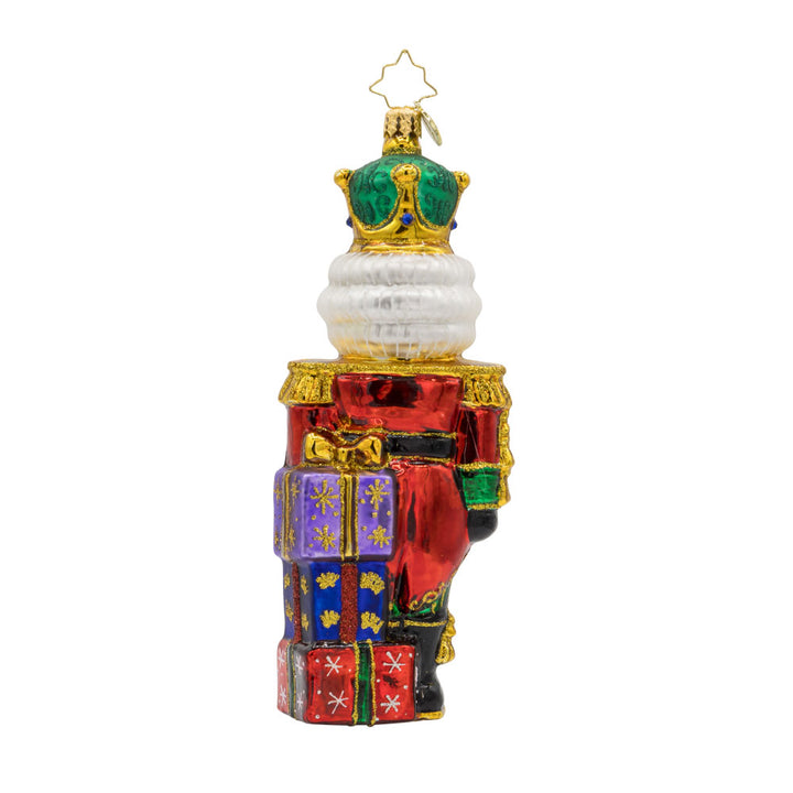 Yuletide Sentinel ornament. This Nutcracker features a sparkling coat and brave expression. View of back.