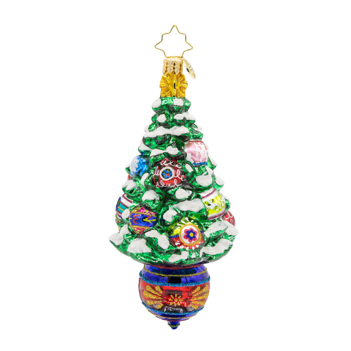 Vintage Holiday Spruce ornament. A Christmas tree decorated with vintage ornaments. A vintage ornament makes up the base of the tree. View of back.