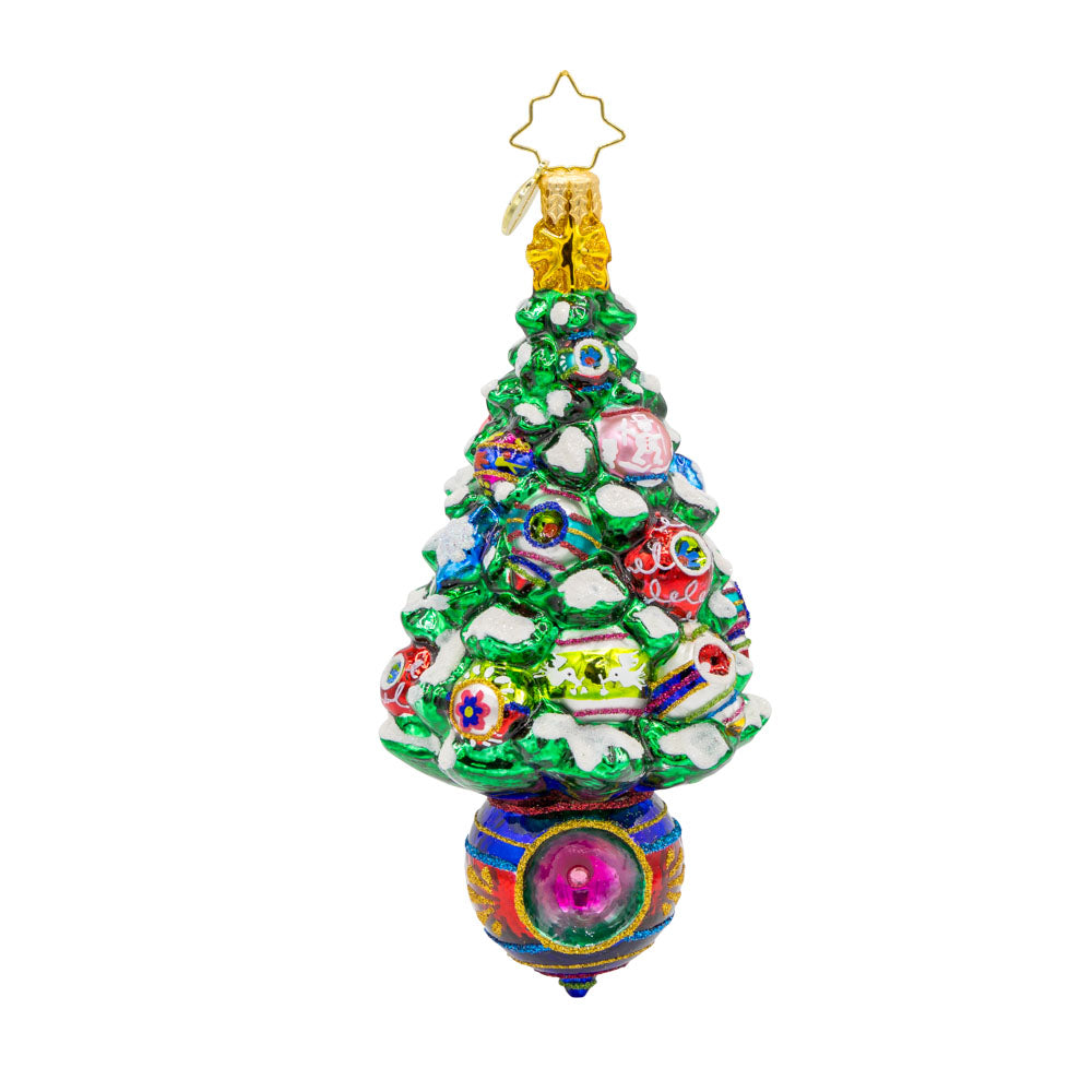 Vintage Holiday Spruce ornament. A Christmas tree decorated with vintage ornaments. A vintage ornament makes up the base of the tree. View of front.