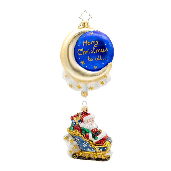 Moonlight Sleigh Ride ornament. With his shimmering moon, twinkling stars, and festive sleigh, Santa soars through the night, delivering presents to children around the world. "Merry Christmas to all..." written on front. View of front.