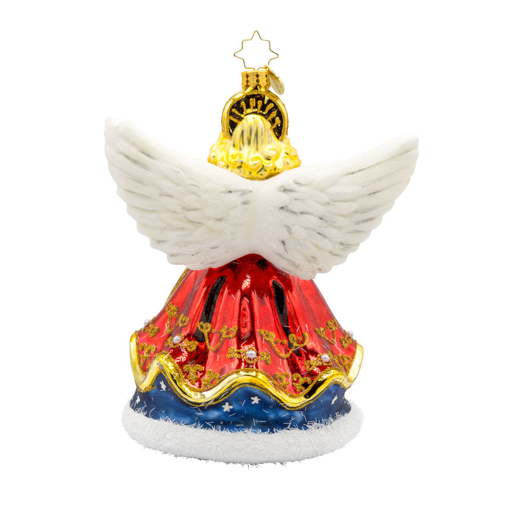 Nativity Guardian ornament. This angel features a beautiful nativity scene on her coat. View of back.
