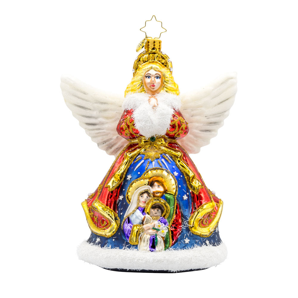 Nativity Guardian ornament. This angel features a beautiful nativity scene on her coat. View of front. 
