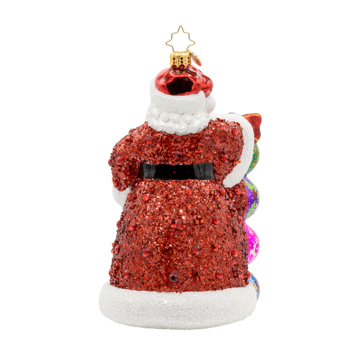 2025 Christmas Countdown ornament. Santa dons a glittering red jeweled coat.  Ornaments with "2025" written on them are stacked next to his side. View of back.