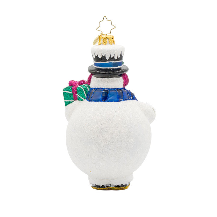 Bubbly Belly Snowman ornament. Like a gumball machine, the snowman's belly is full of colorful peppermints. View of back.