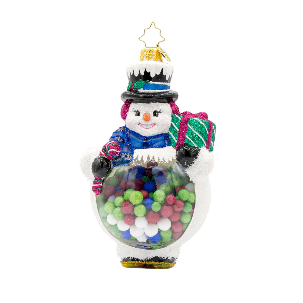 Bubbly Belly Snowman ornament. Like a gumball machine, the snowman's belly is full of colorful peppermints. View of front.