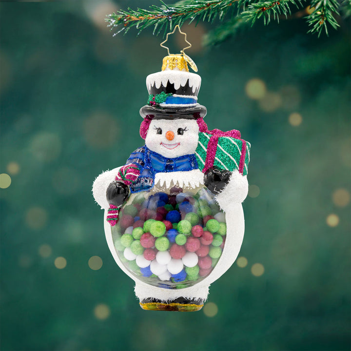 Bubbly Belly Snowman ornament. Like a gumball machine, the snowman's belly is full of colorful peppermints. View of front.