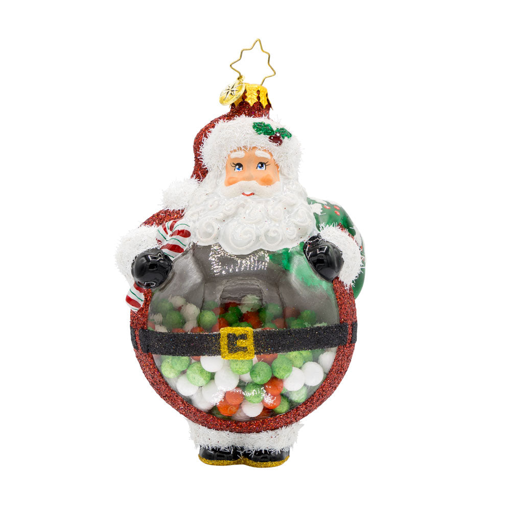 Bubbly Belly Santa Ornament. Like a gumball machine, Santa's belly is full of colorful candies. View of front.