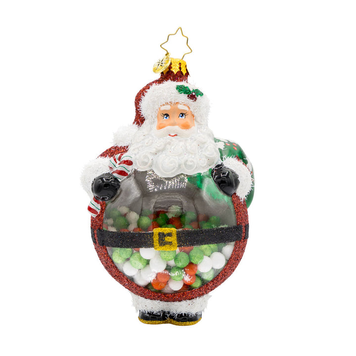 Bubbly Belly Santa Ornament. Like a gumball machine, Santa's belly is full of colorful candies. View of front.