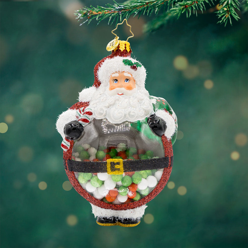 Bubbly Belly Santa Ornament. Like a gumball machine, Santa's belly is full of colorful candies. View of front.