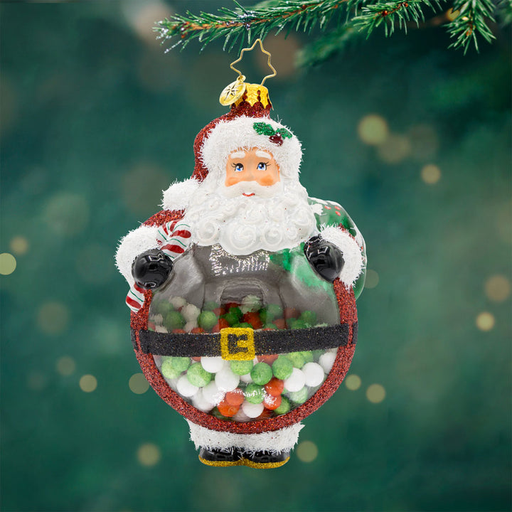 Bubbly Belly Santa Ornament. Like a gumball machine, Santa's belly is full of colorful candies. View of front.