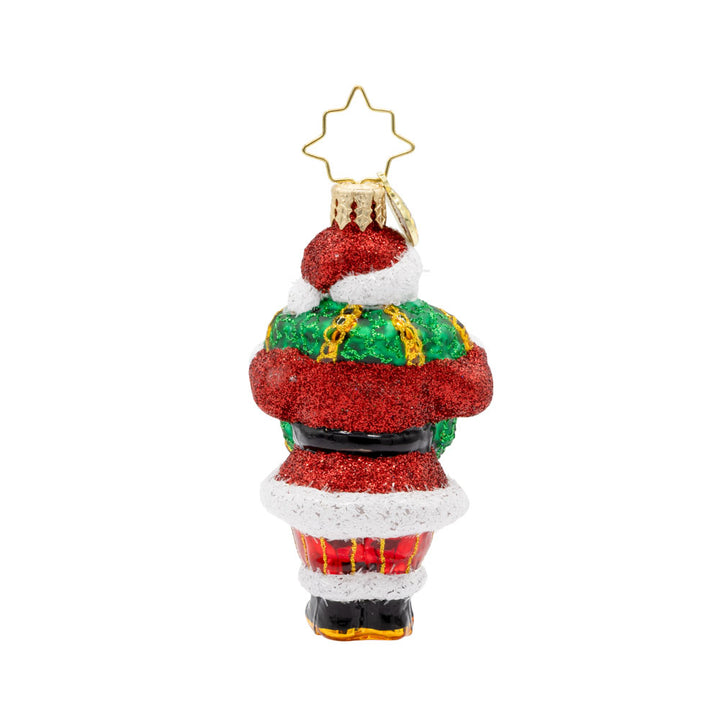 Wreath Wrangler Claus Gem ornament. Santa is seen here with a decorated Christmas wreath around his neck. View of back.