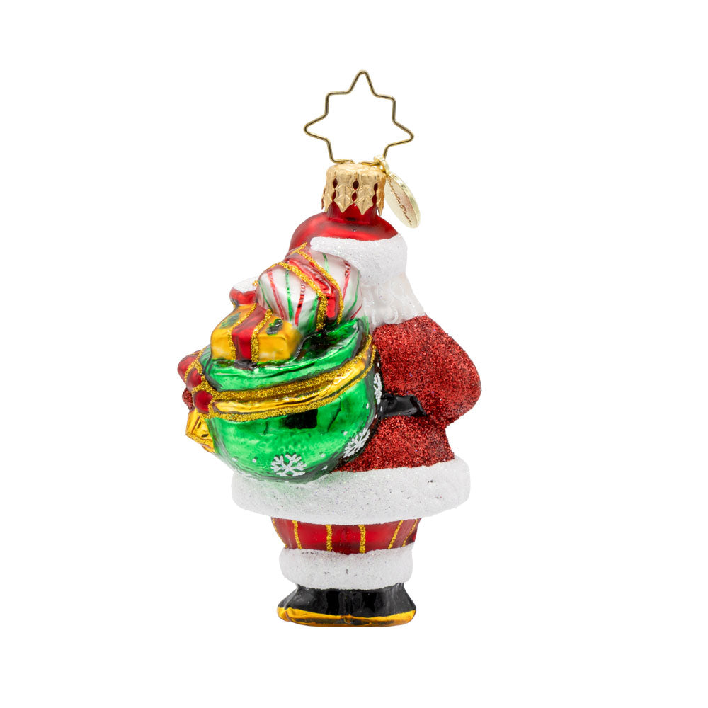 Starlit Holiday Delivery Gem ornament. Santa is holding a large green gift sack of presents. View of back.