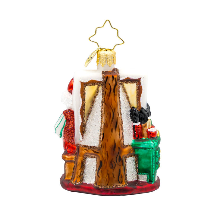 Pretty As A Picture Gem ornament. Santa is seen here painting a Christmas scene on a canvas. View of back.