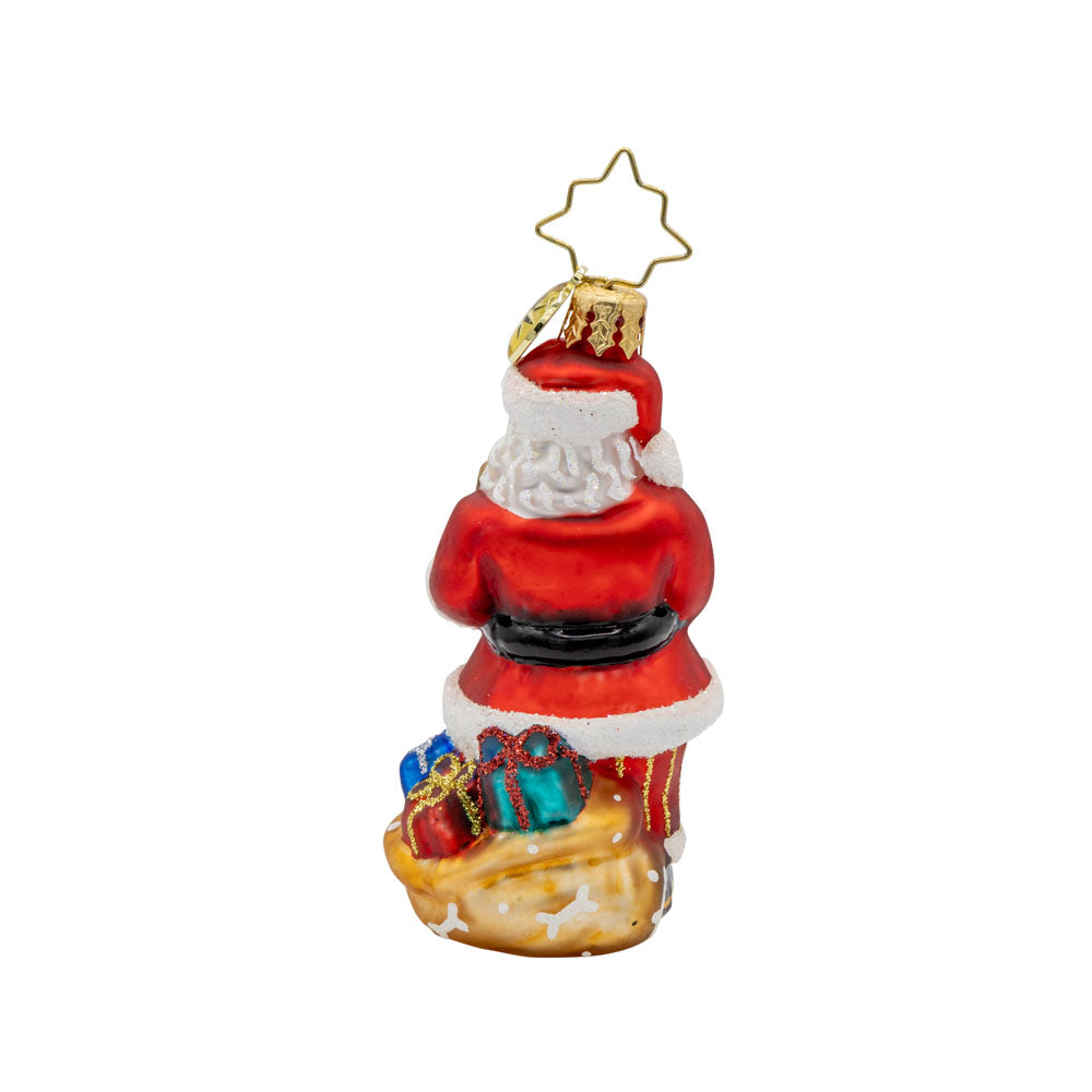 Santa's Pug-palooza Gem ornament. Santa holds a box of pug puppies. There is a gift sack of presents by his feet. View of back.