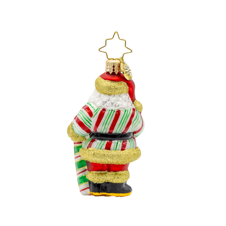Jolly Old Candy Cane Claus Gem ornament. Santa wears a candy-cane striped coat with gold fur trim. A giant green candy-cane in his hand. View of back.