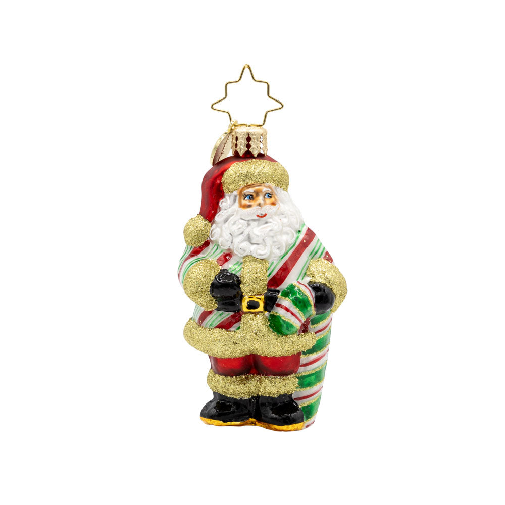 Jolly Old Candy Cane Claus Gem ornament. Santa wears a candy-cane striped coat with gold fur trim. A giant green candy-cane in his hand. View of front.
