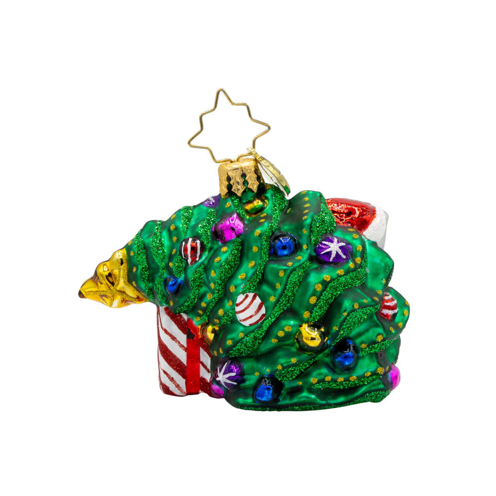Festive Feline Fiasco Gem ornament. A grey cat sits on top of a present next to a half-fallen decorated Christmas tree. View of back.