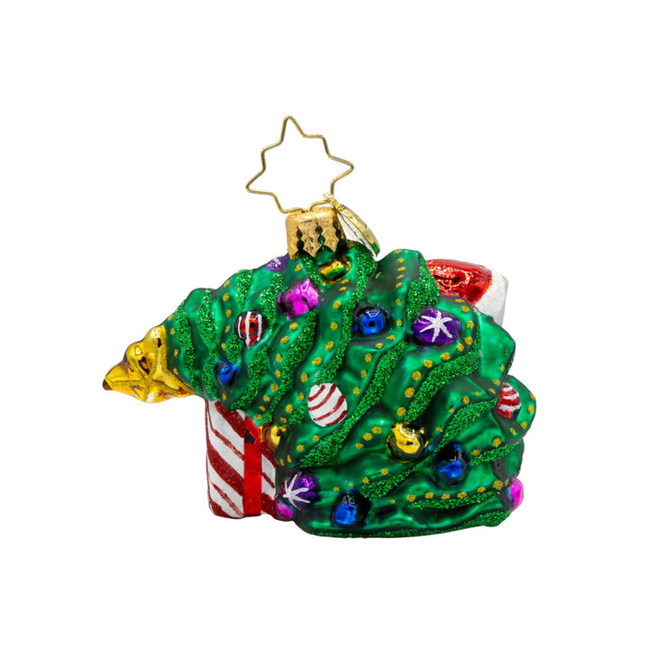 Festive Feline Fiasco Gem ornament. A grey cat sits on top of a present next to a half-fallen decorated Christmas tree. View of back.