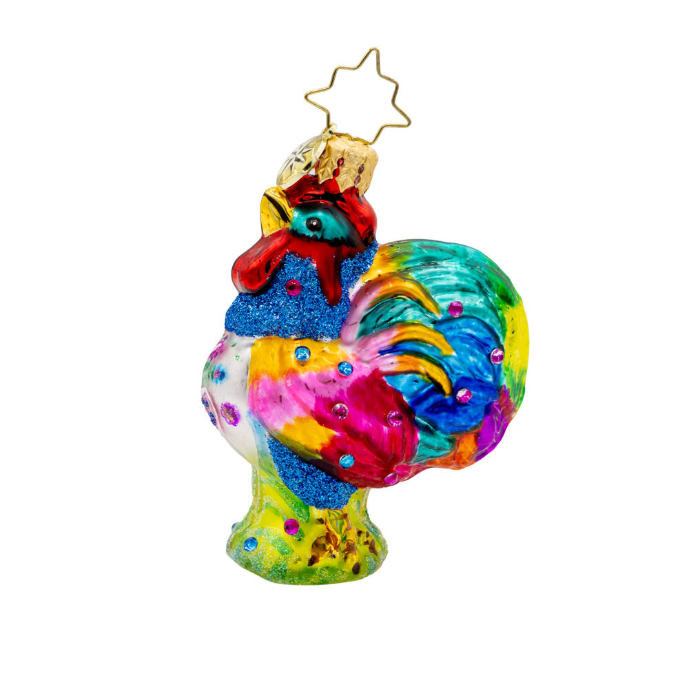 Radiant Rooster Gem ornament. A rainbow-colored rooster covered in gems. View of front.