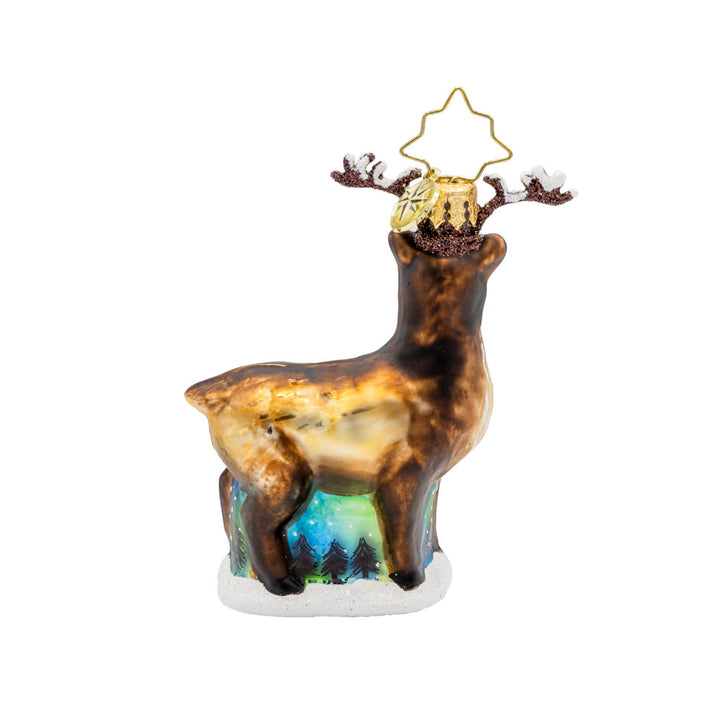 Twilight Reindeer Elegance Gem ornament. A reindeer is seen with ethereal hues of the Northern lights behind him. View of back.