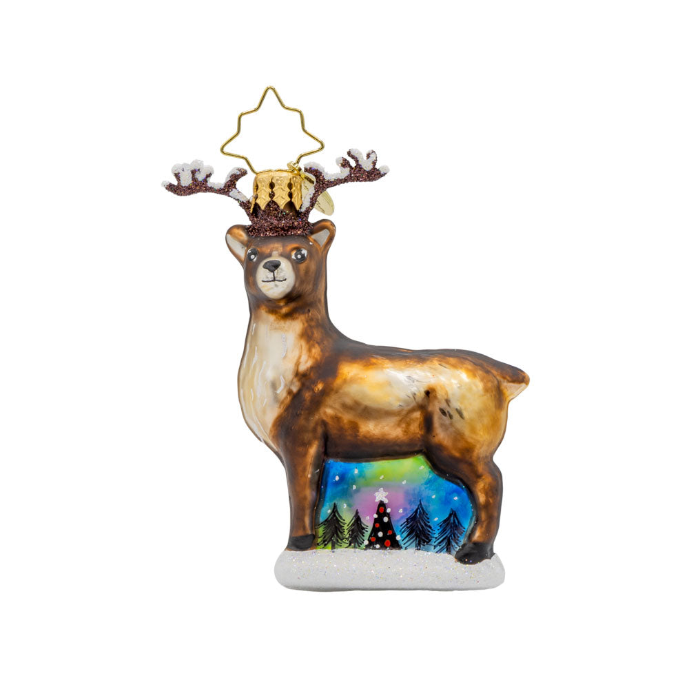 Twilight Reindeer Elegance Gem ornament. A reindeer is seen with ethereal hues of the Northern lights behind him. View of front. 