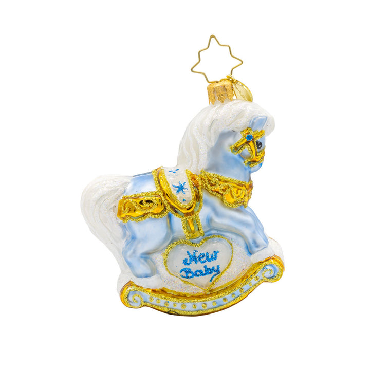 Baby's First Christmas Foal Gem ornament. A powder blue rocking horse with "New Baby" written on the side. View of back.