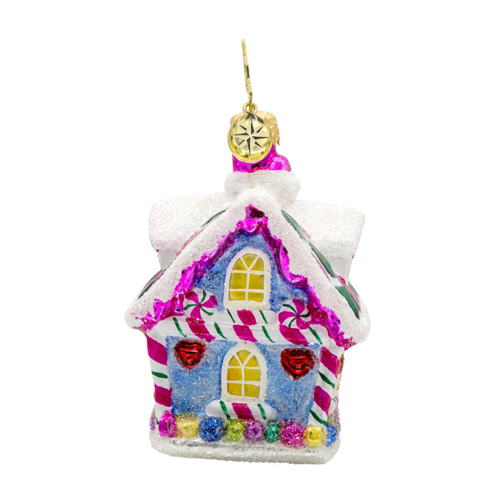 Candy Coated Cottage Gem ornament.  A candy-coated cottage with vibrant colors and sugary details. View of back.