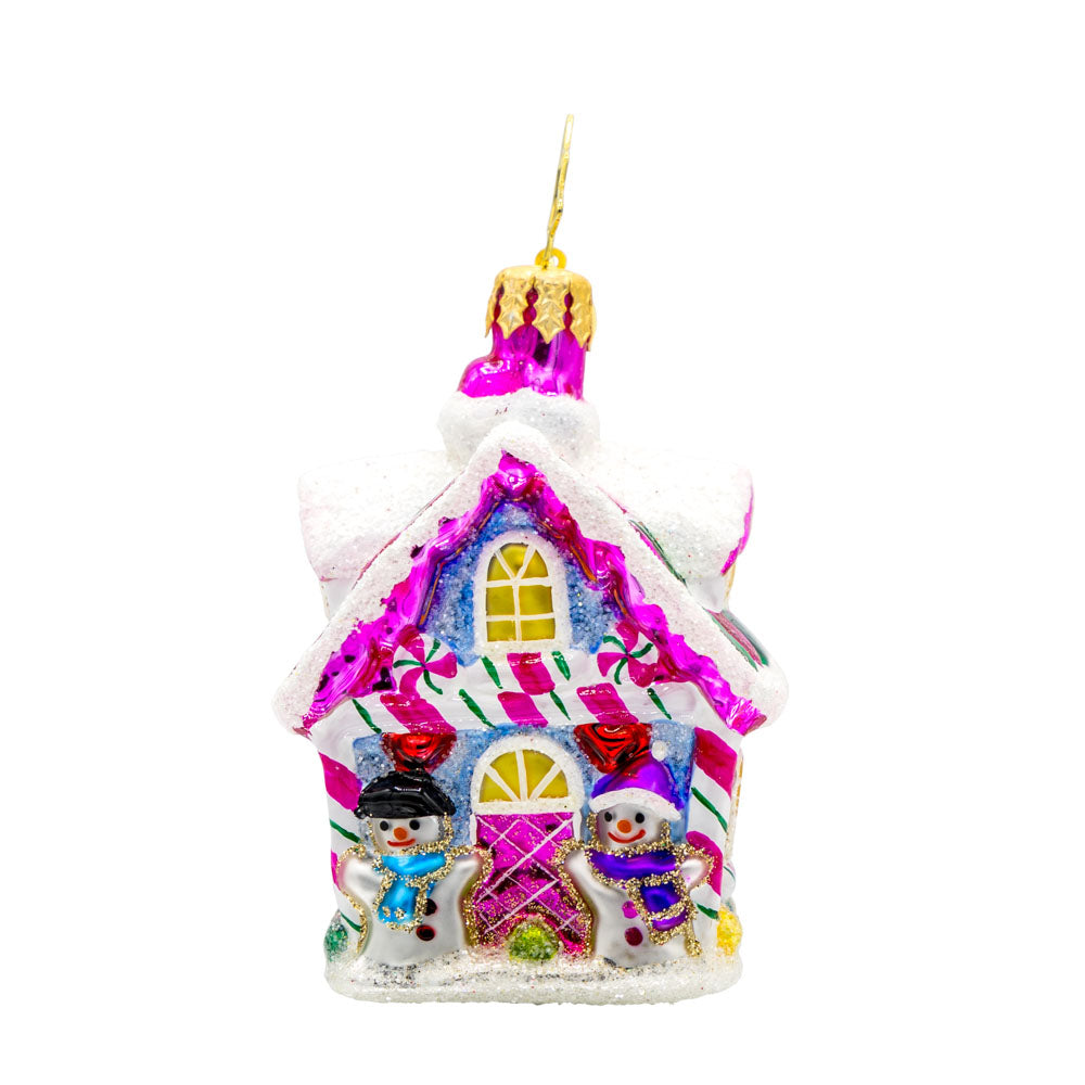 Candy Coated Cottage Gem ornament.  A candy-coated cottage with vibrant colors and sugary details. View of front.