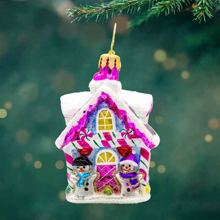 Candy Coated Cottage Gem ornament.  A candy-coated cottage with vibrant colors and sugary details. View of front.