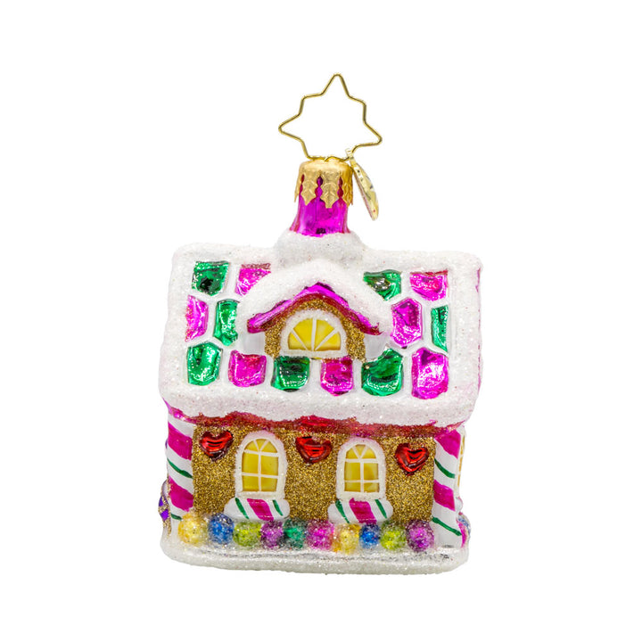 Candy Coated Cottage Gem ornament.  A candy-coated cottage with vibrant colors and sugary details. View of right side.