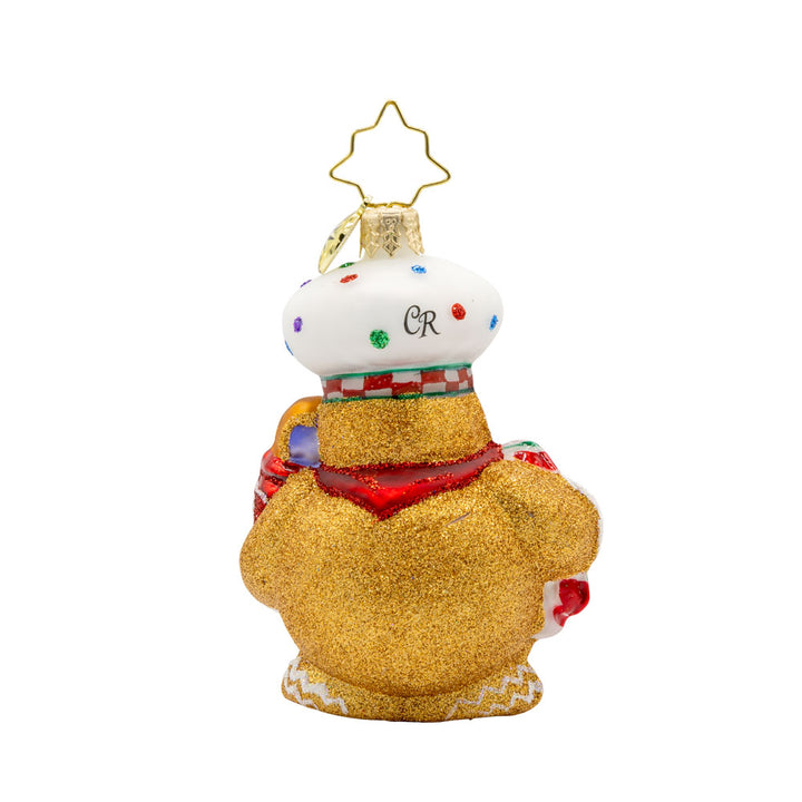 Sugary Chef Gem ornament. This gingerbread man is dressed as a baker with a cookie jar in hand. View of back.