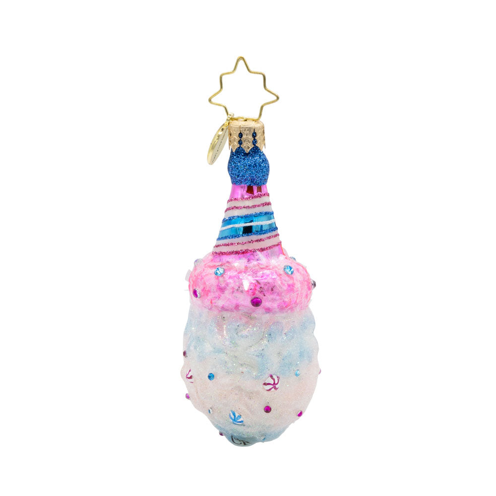 Sugar Spun Santa Gem ornament. Santa's beard is spun of pink and blue cotton candy. He is wearing a party hat of the same candy-colored hues. View of back.