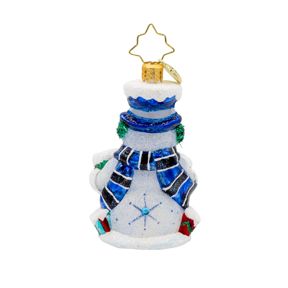 Snow Gifts Like These Gifts 2025 Gem ornament. This snowman don's festive blues and greens, adorned with shimmering gems. He's holding giftboxes covered in snow dated "2025." View of back.