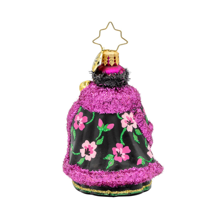Midnight Blossom St. Nick Gem ornament. Santa dons a black and pink robe with hand-painted floral designs. He holds a gold scepter. View of back.
