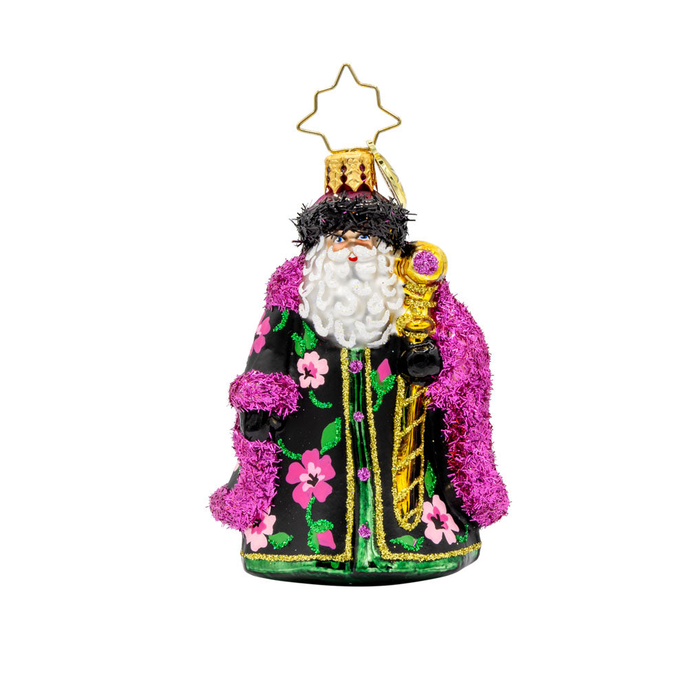 Midnight Blossom St. Nick Gem ornament. Santa dons a black and pink robe with hand-painted floral designs. He holds a gold scepter. View of front. 